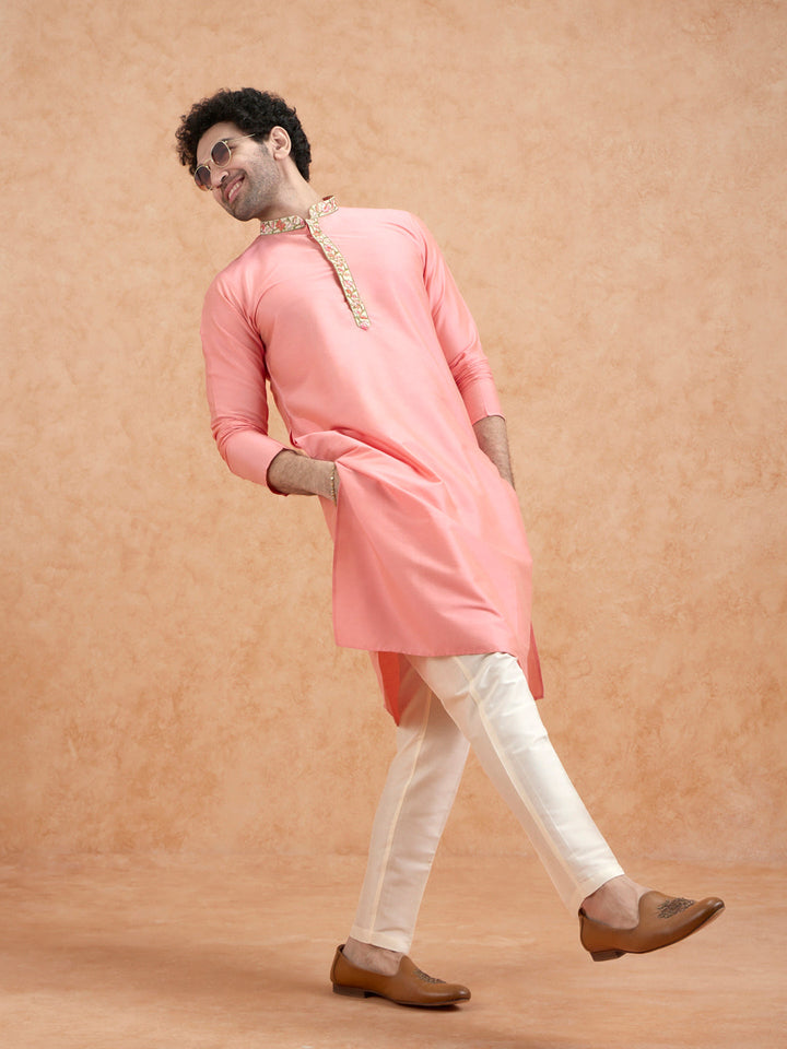 Pink Kurta with Embroidered Neckline | SHOBITAM