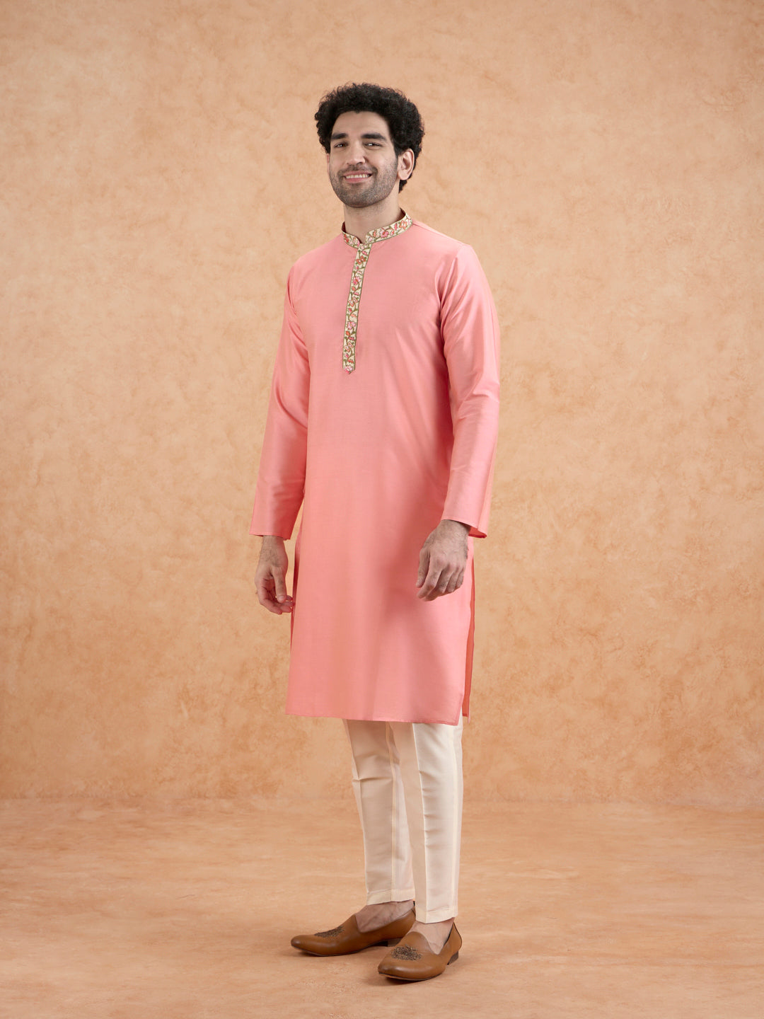 Pink Kurta with Embroidered Neckline | SHOBITAM