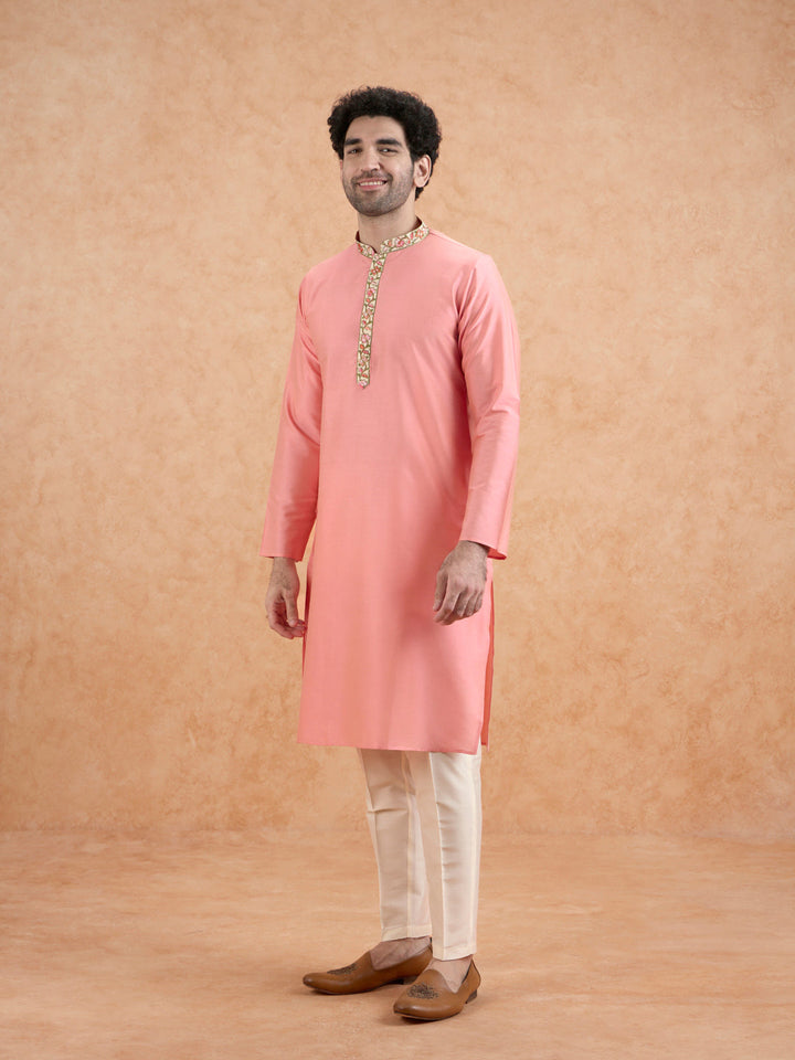 Pink Kurta with Embroidered Neckline | SHOBITAM