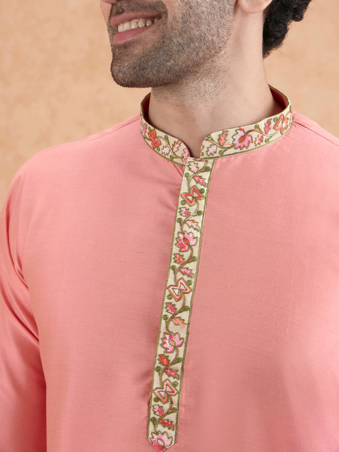 Pink Kurta with Embroidered Neckline | SHOBITAM