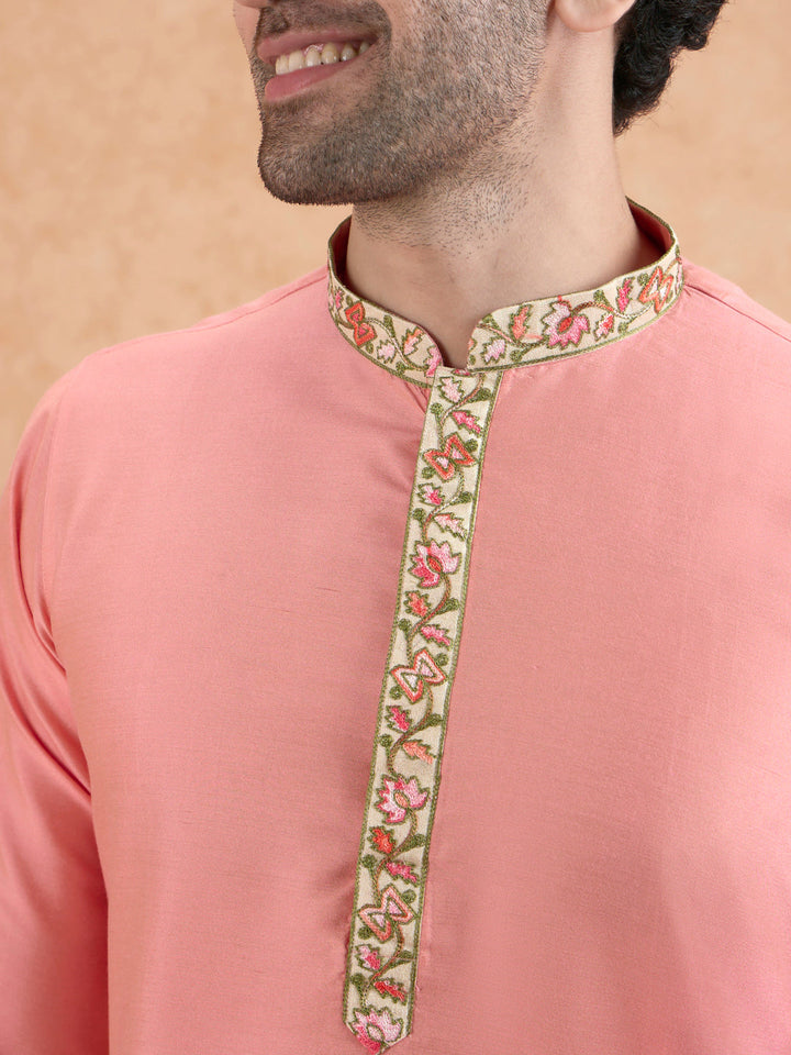 Pink Kurta with Embroidered Neckline | SHOBITAM