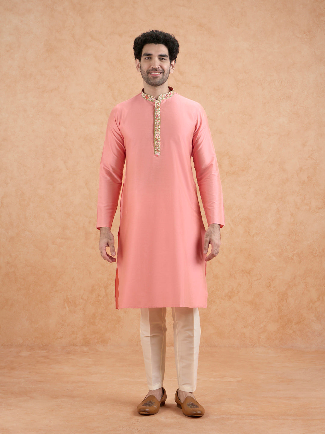 Pink Kurta with Embroidered Neckline | SHOBITAM