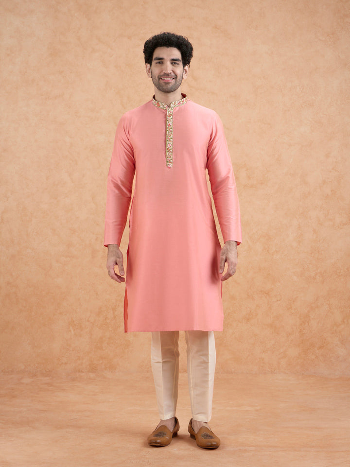 Pink Kurta with Embroidered Neckline | SHOBITAM