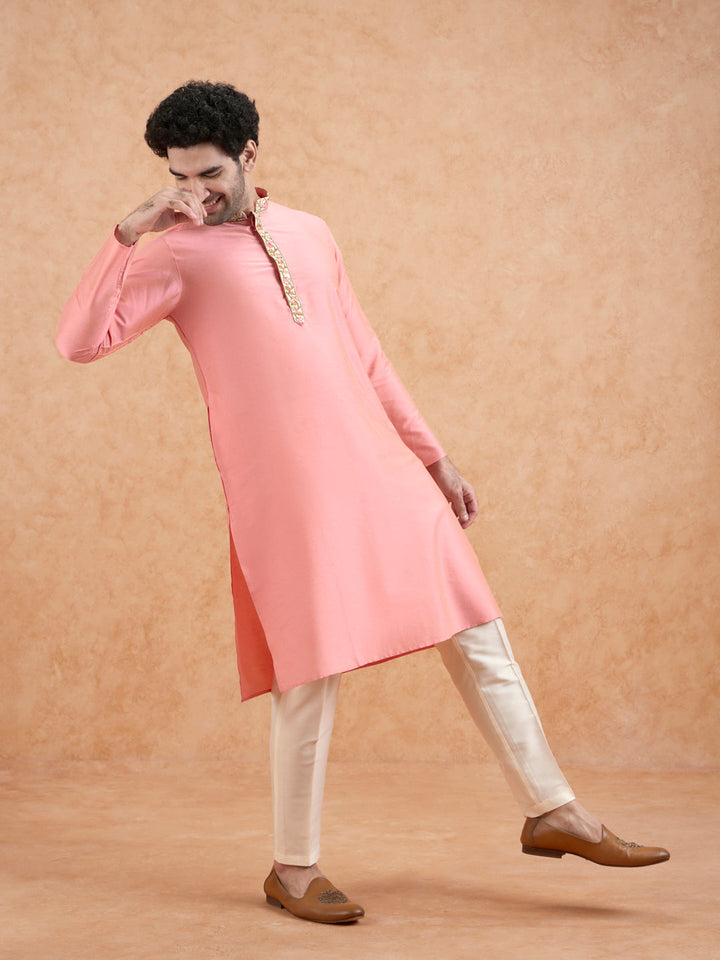 Pink Kurta with Embroidered Neckline | SHOBITAM