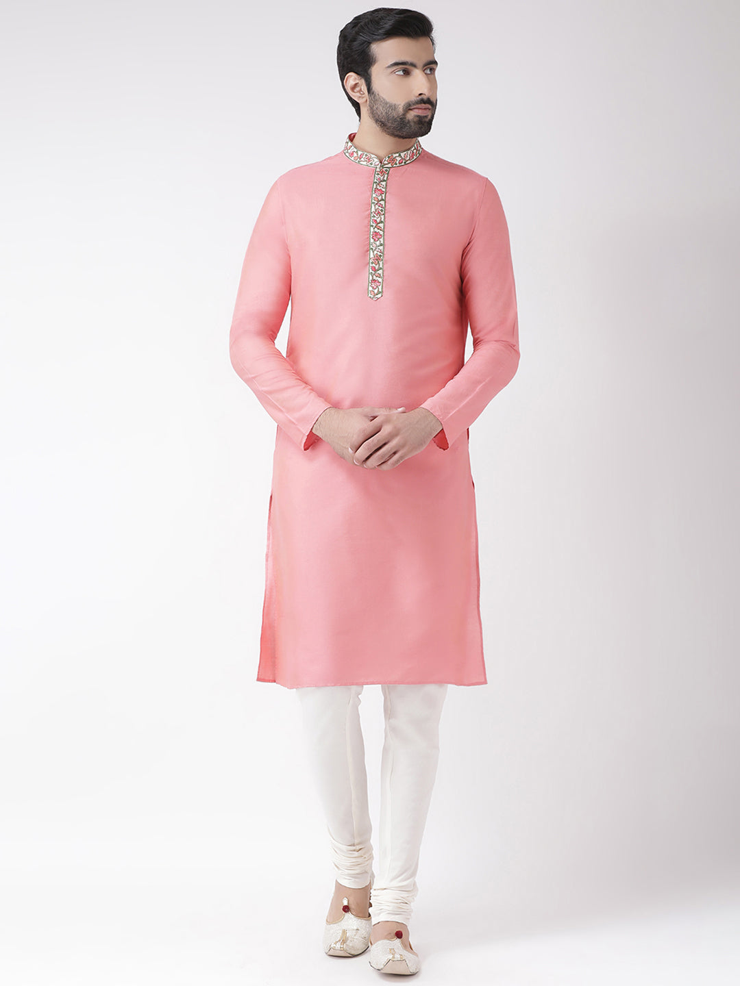 Men Solid Hot Pink Kurta Churidar Set | SHOBITAM