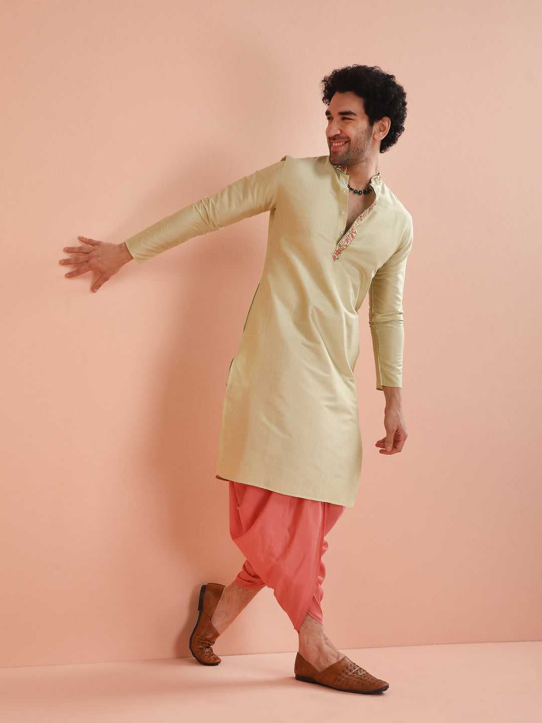 Beige Silk Blend Embroidered Long Kurta For Men | SHOBITAM