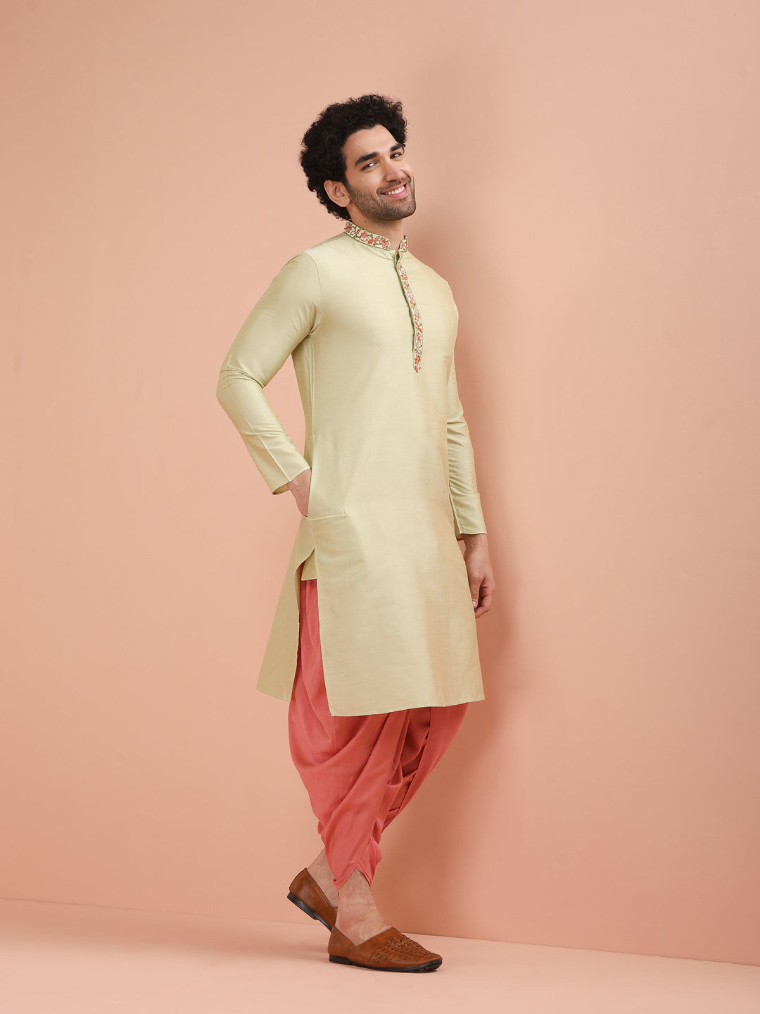 Light Green Embroidered Kurta Dhoti Set | SHOBITAM