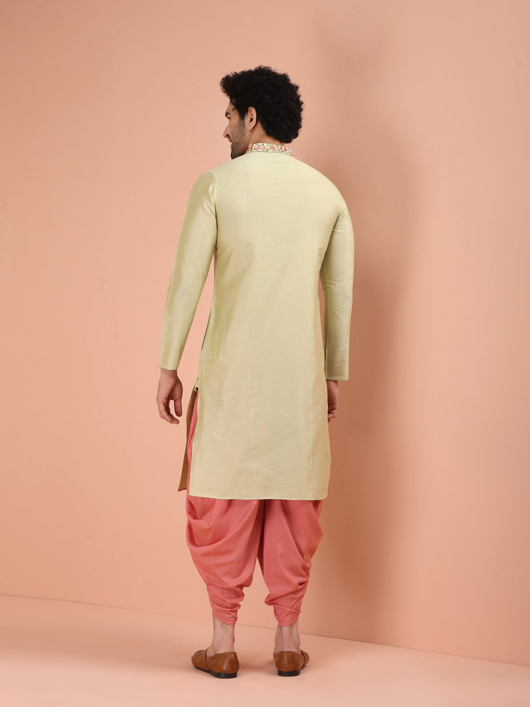 Beige Silk Blend Embroidered Long Kurta For Men | SHOBITAM