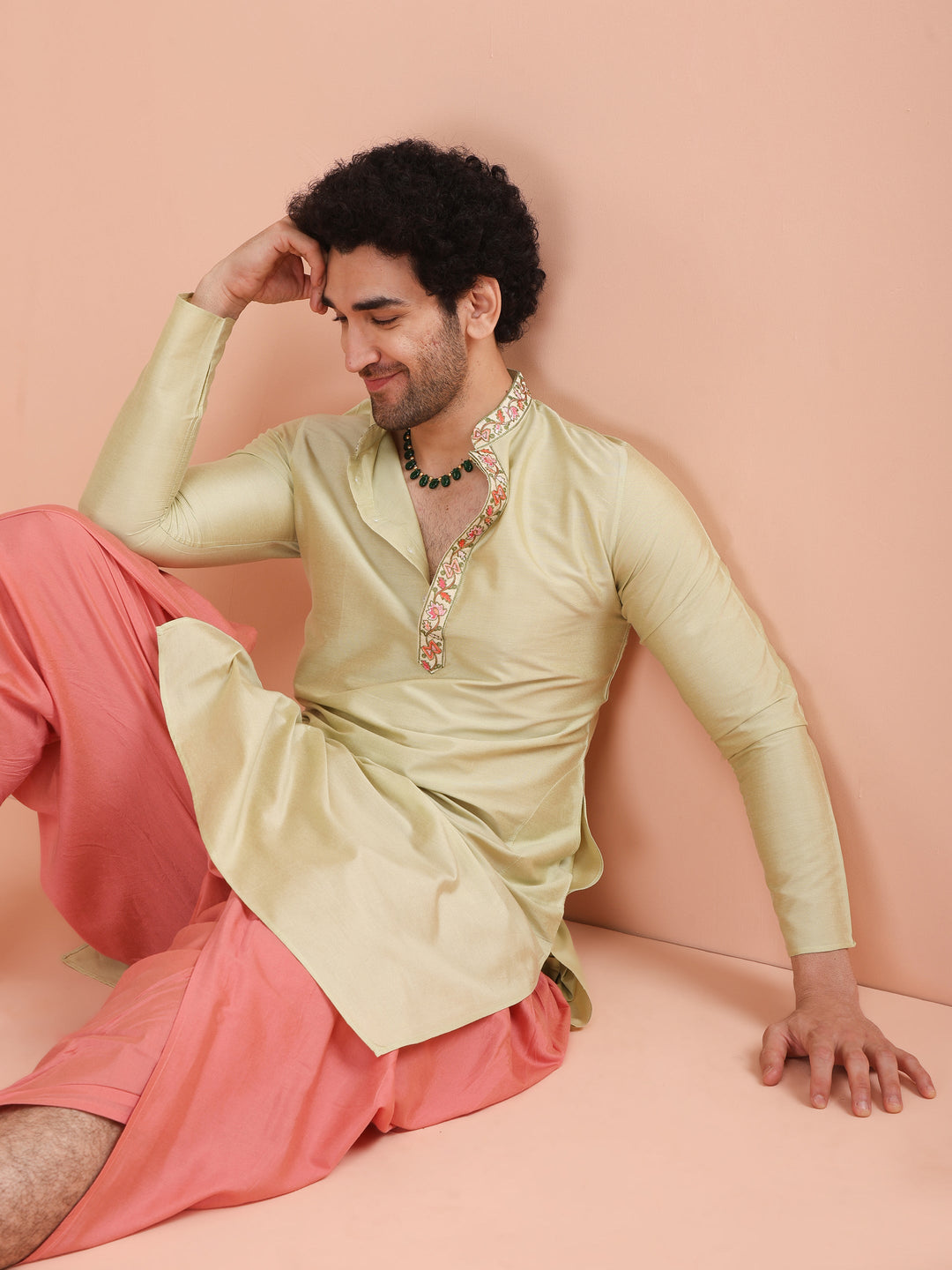 Beige Silk Blend Embroidered Long Kurta For Men | SHOBITAM