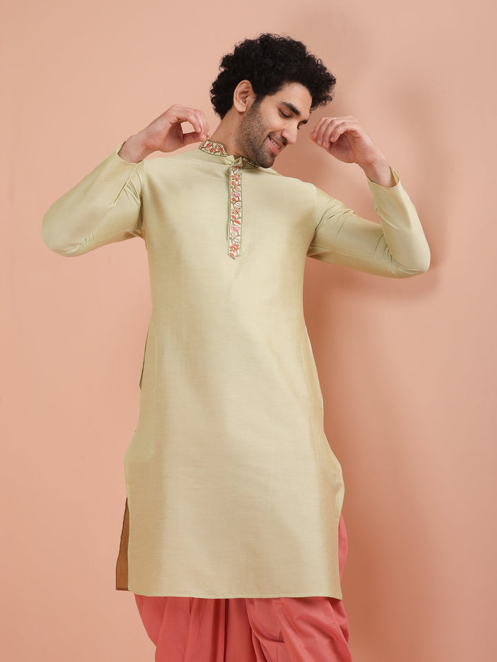Beige Silk Blend Embroidered Long Kurta For Men | SHOBITAM