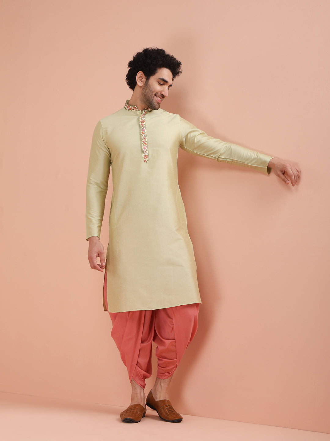 Beige Silk Blend Embroidered Long Kurta For Men | SHOBITAM
