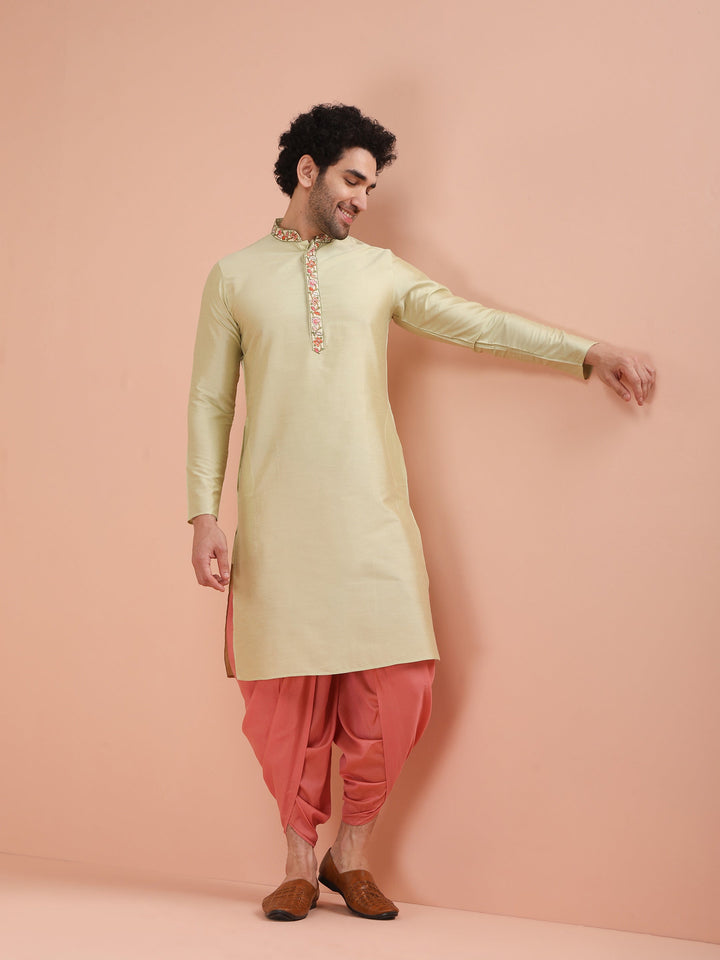 Beige Silk Blend Embroidered Long Kurta For Men | SHOBITAM