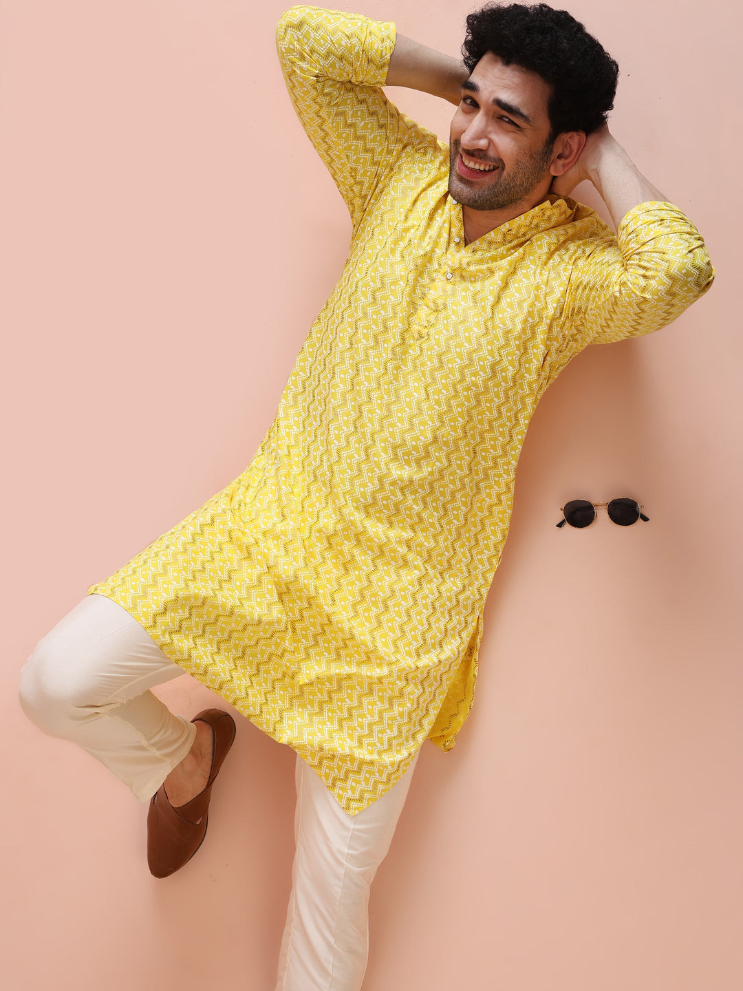 Yellow Silk Blend Kurta with Geometric Woven Pattern | SHOBITAM