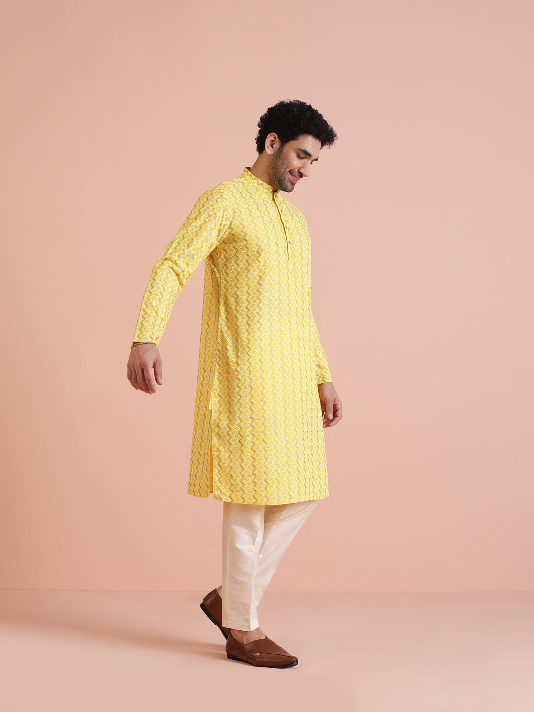 Yellow Silk Blend Kurta with Geometric Woven Pattern | SHOBITAM