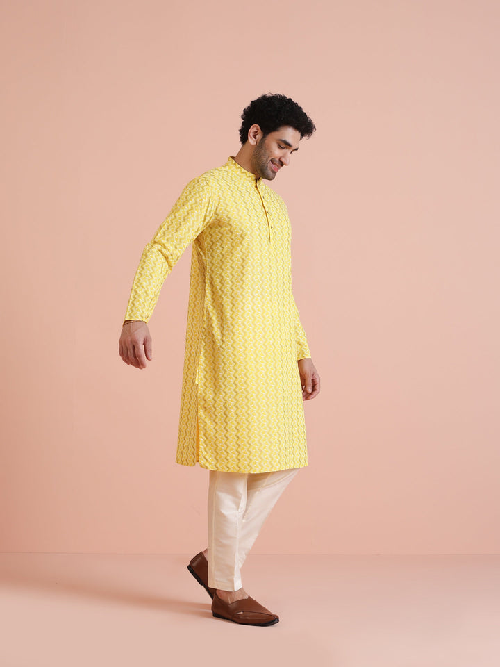 Yellow Silk Blend Kurta with Geometric Woven Pattern | SHOBITAM