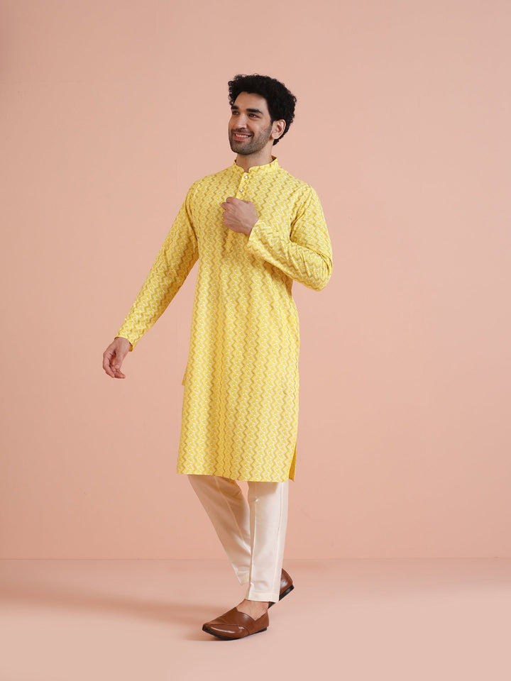 Yellow Silk Blend Kurta with Geometric Woven Pattern | SHOBITAM