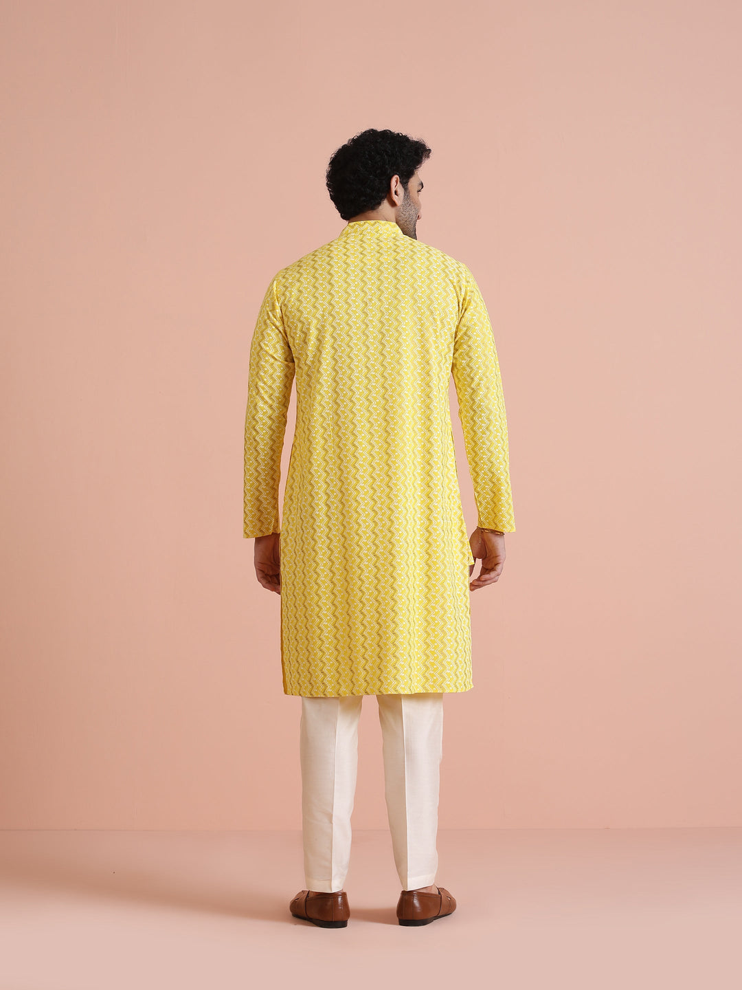 Yellow Silk Blend Kurta with Geometric Woven Pattern | SHOBITAM