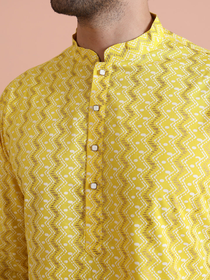 Yellow Silk Blend Kurta with Geometric Woven Pattern | SHOBITAM