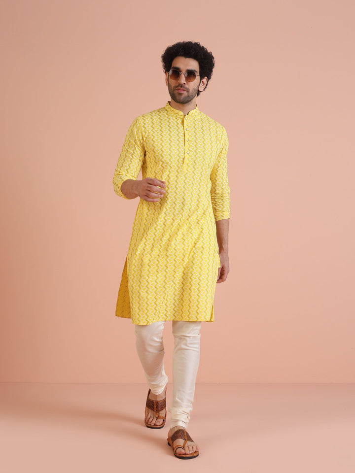 Yellow Cotton Blend Kurta Set with Geometric Woven Pattern and Cream Churidar for Festive & Wedding Ensemble | SHOBITAM