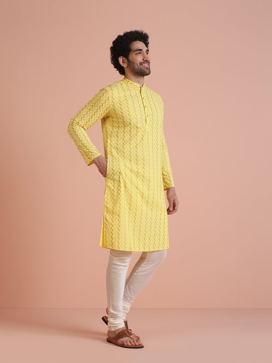 Yellow Cotton Blend Kurta Set with Geometric Woven Pattern and Cream Churidar for Festive & Wedding Ensemble | SHOBITAM