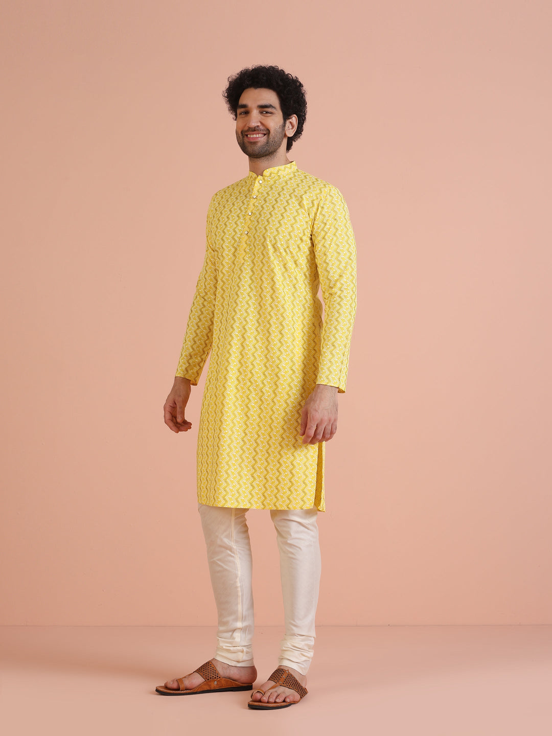 Yellow Cotton Blend Kurta Set with Geometric Woven Pattern and Cream Churidar for Festive & Wedding Ensemble | SHOBITAM