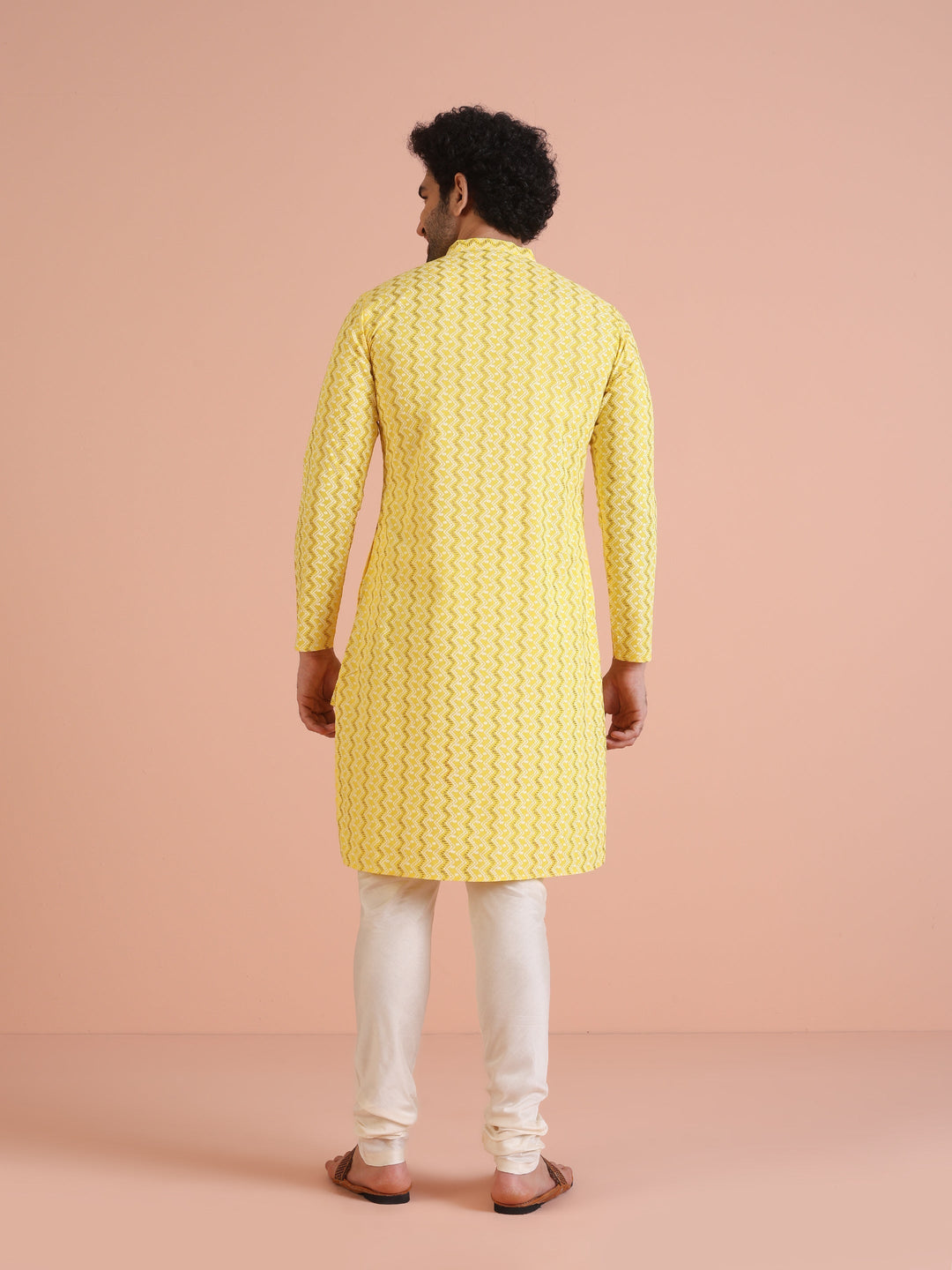 Yellow Cotton Blend Kurta Set with Geometric Woven Pattern and Cream Churidar for Festive & Wedding Ensemble | SHOBITAM