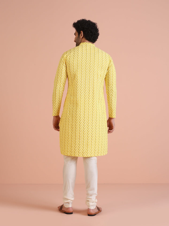 Yellow Cotton Blend Kurta Set with Geometric Woven Pattern and Cream Churidar for Festive & Wedding Ensemble | SHOBITAM