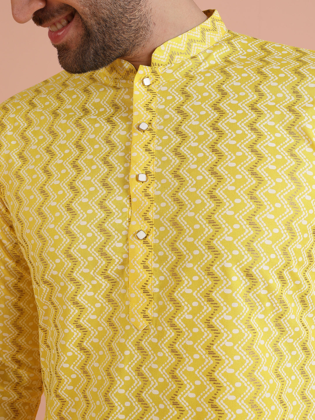 Yellow Cotton Blend Kurta Set with Geometric Woven Pattern and Cream Churidar for Festive & Wedding Ensemble | SHOBITAM