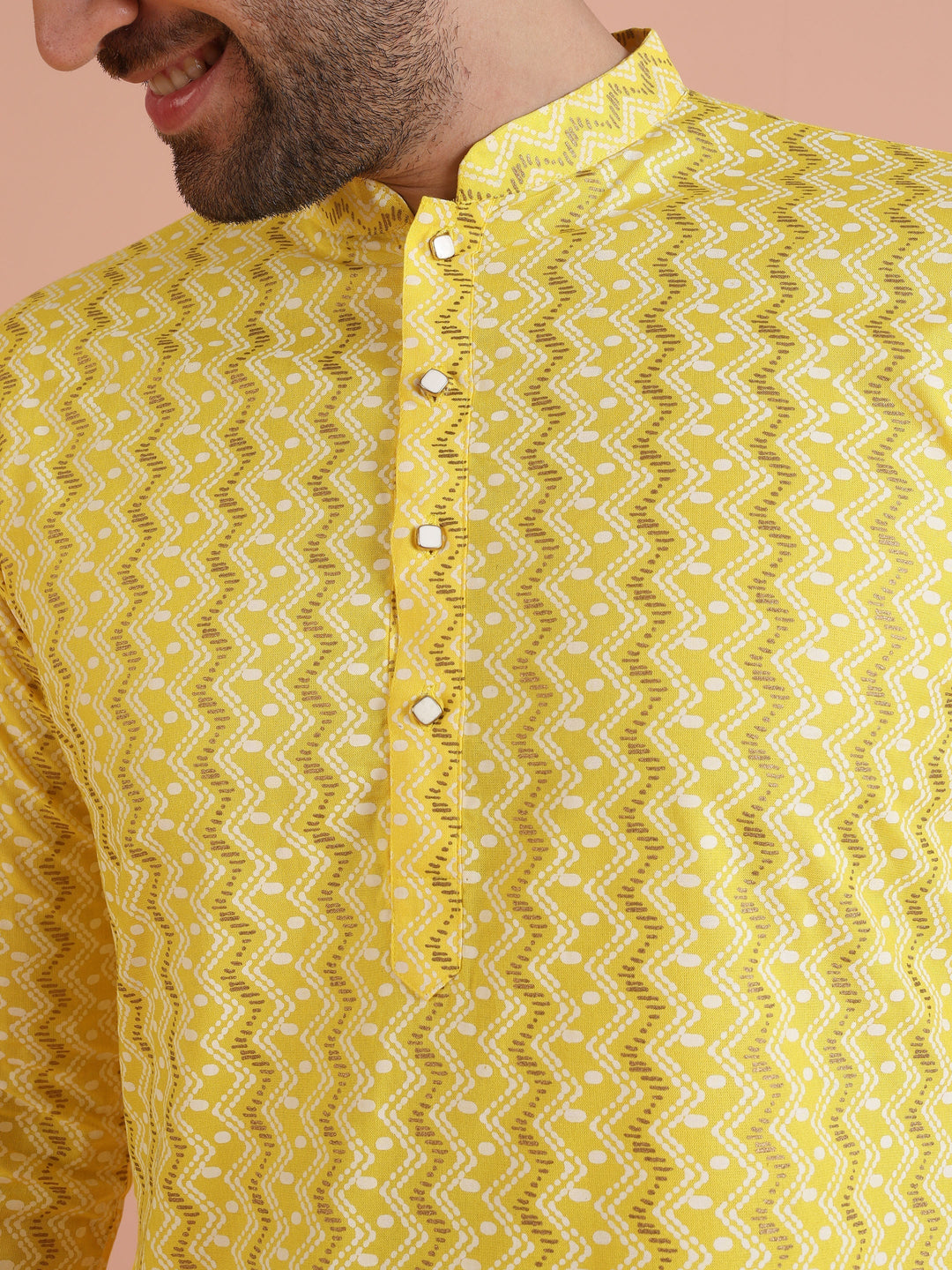 Yellow Cotton Blend Kurta Set with Geometric Woven Pattern and Cream Churidar for Festive & Wedding Ensemble | SHOBITAM