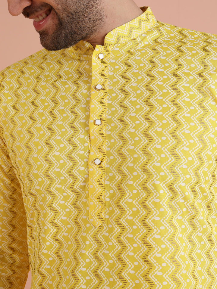 Yellow Cotton Blend Kurta Set with Geometric Woven Pattern and Cream Churidar for Festive & Wedding Ensemble | SHOBITAM