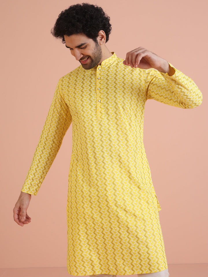 Yellow Cotton Blend Kurta Set with Geometric Woven Pattern and Cream Churidar for Festive & Wedding Ensemble | SHOBITAM