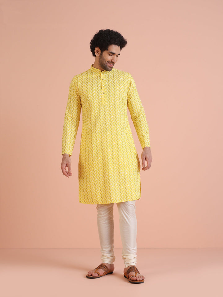 Yellow Cotton Blend Kurta Set with Geometric Woven Pattern and Cream Churidar for Festive & Wedding Ensemble | SHOBITAM
