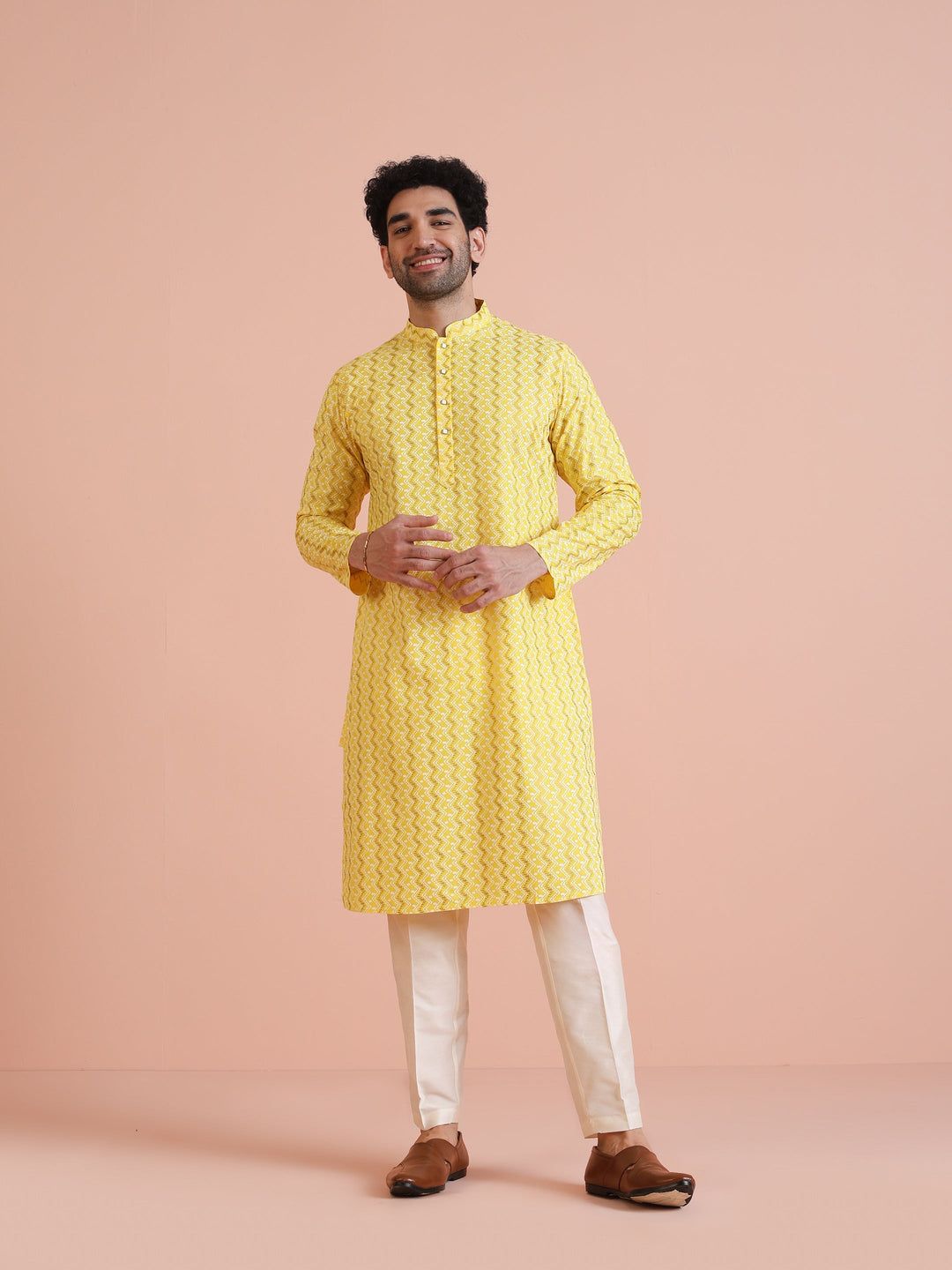 Yellow Blend Kurta Set with Geometric Woven Pattern and Cream Trousers Festive & Wedding Ensemble |SHOBITAM