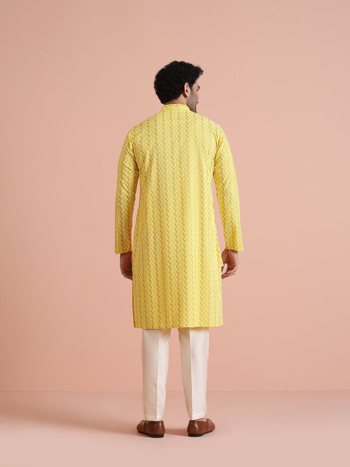 Yellow Blend Kurta Set with Geometric Woven Pattern and Cream Trousers Festive & Wedding Ensemble |SHOBITAM