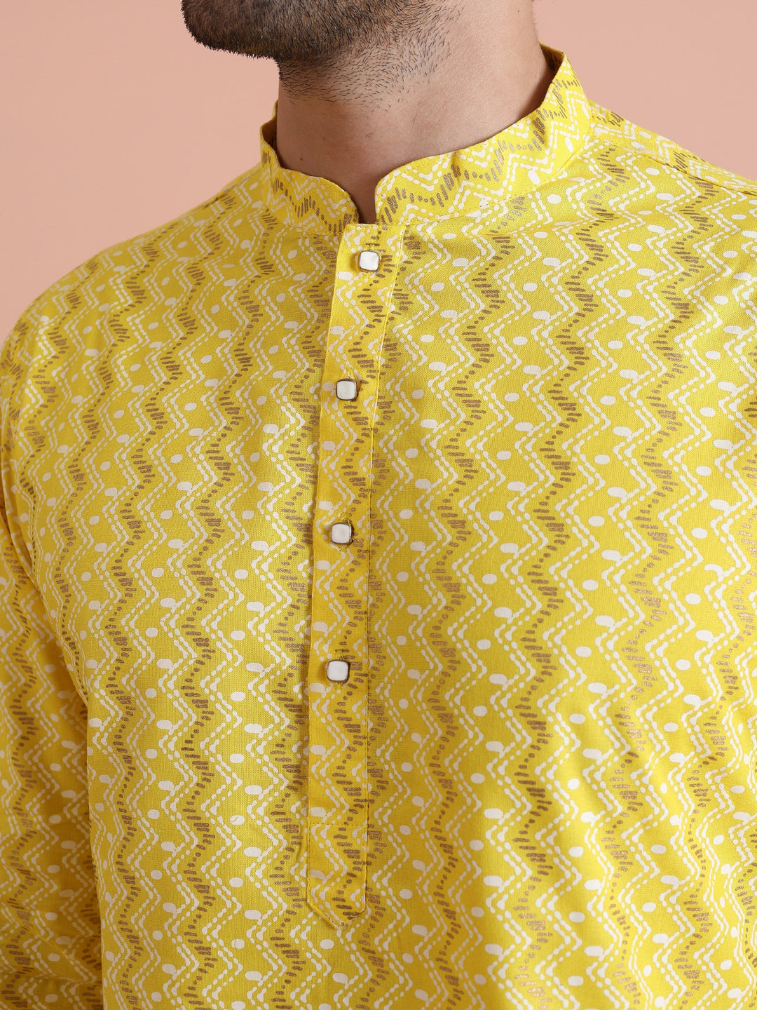 Yellow Blend Kurta Set with Geometric Woven Pattern and Cream Trousers Festive & Wedding Ensemble |SHOBITAM