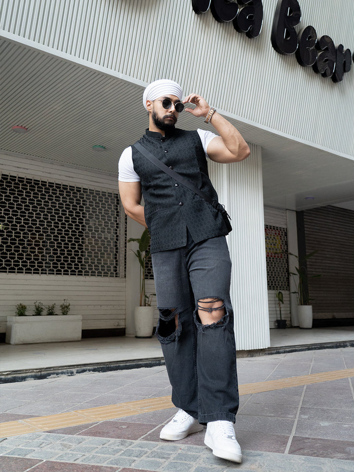 Black Silk Blend Textured Nehru Jacket | SHOBITAM