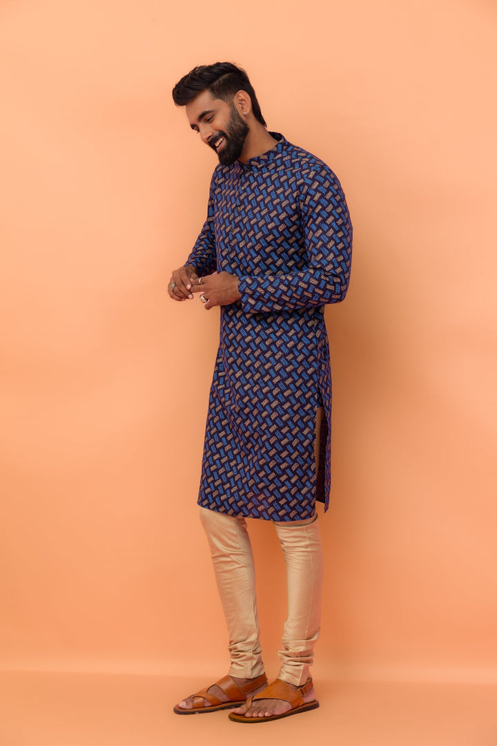 Navy Blue Printed Kurta Churidar Set | SHOBITAM