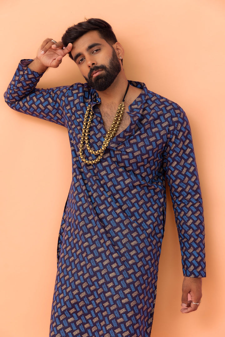 Navy Blue Printed Kurta Churidar Set | SHOBITAM