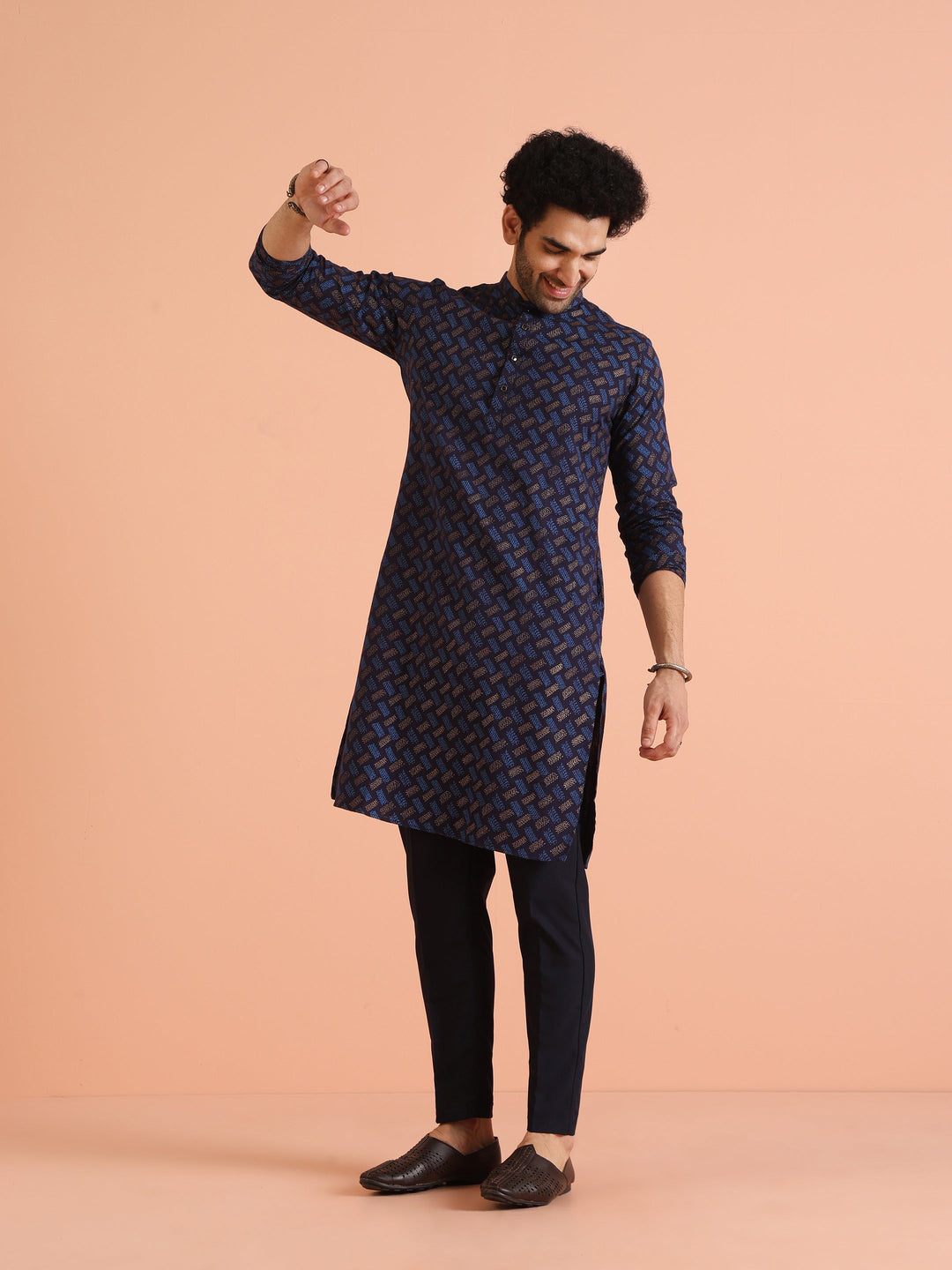 Blue Cotton Silk Printed Kurta with Trouser | SHOBITAM