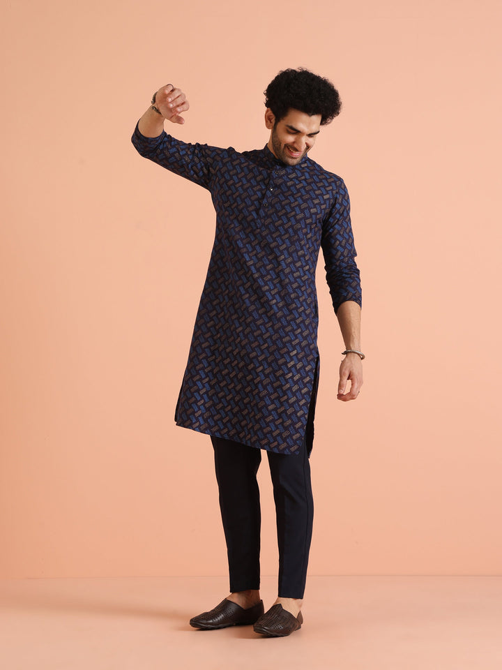 Blue Cotton Silk Printed Long Kurta | SHOBITAM
