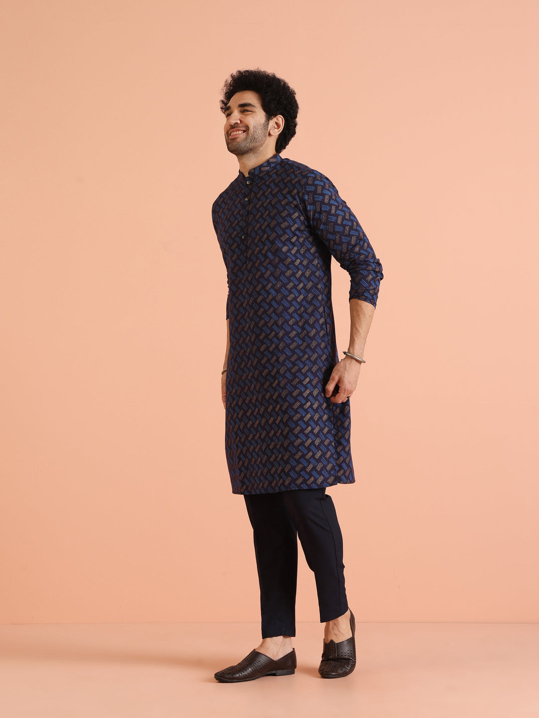 Blue Cotton Silk Printed Long Kurta | SHOBITAM