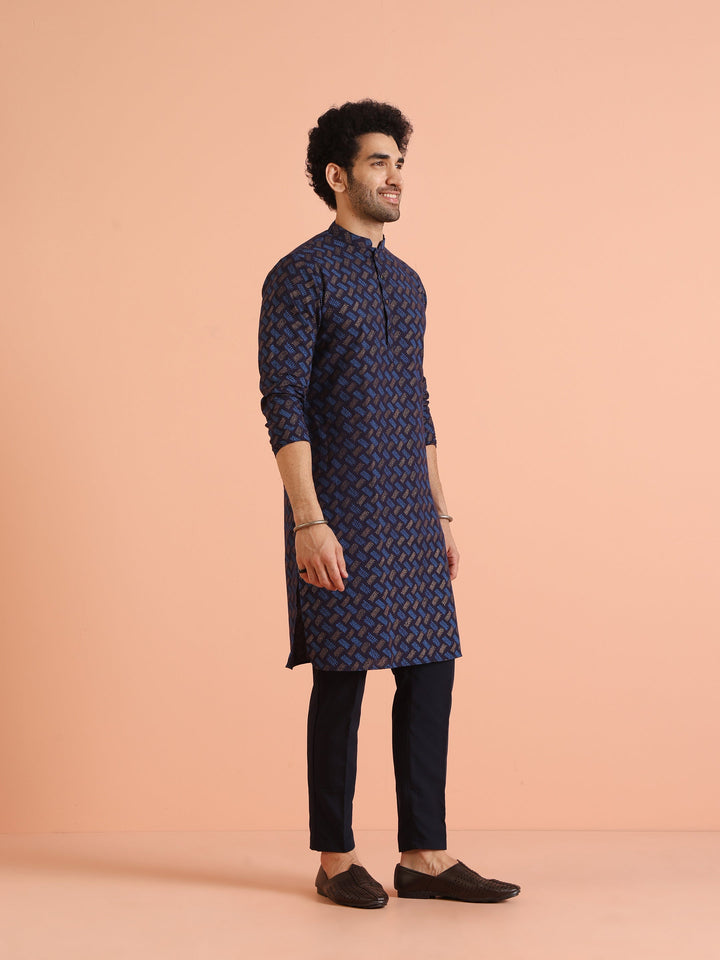 Blue Cotton Silk Printed Kurta with Trouser | SHOBITAM