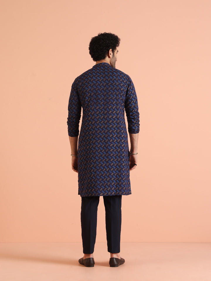 Blue Cotton Silk Printed Kurta with Trouser | SHOBITAM