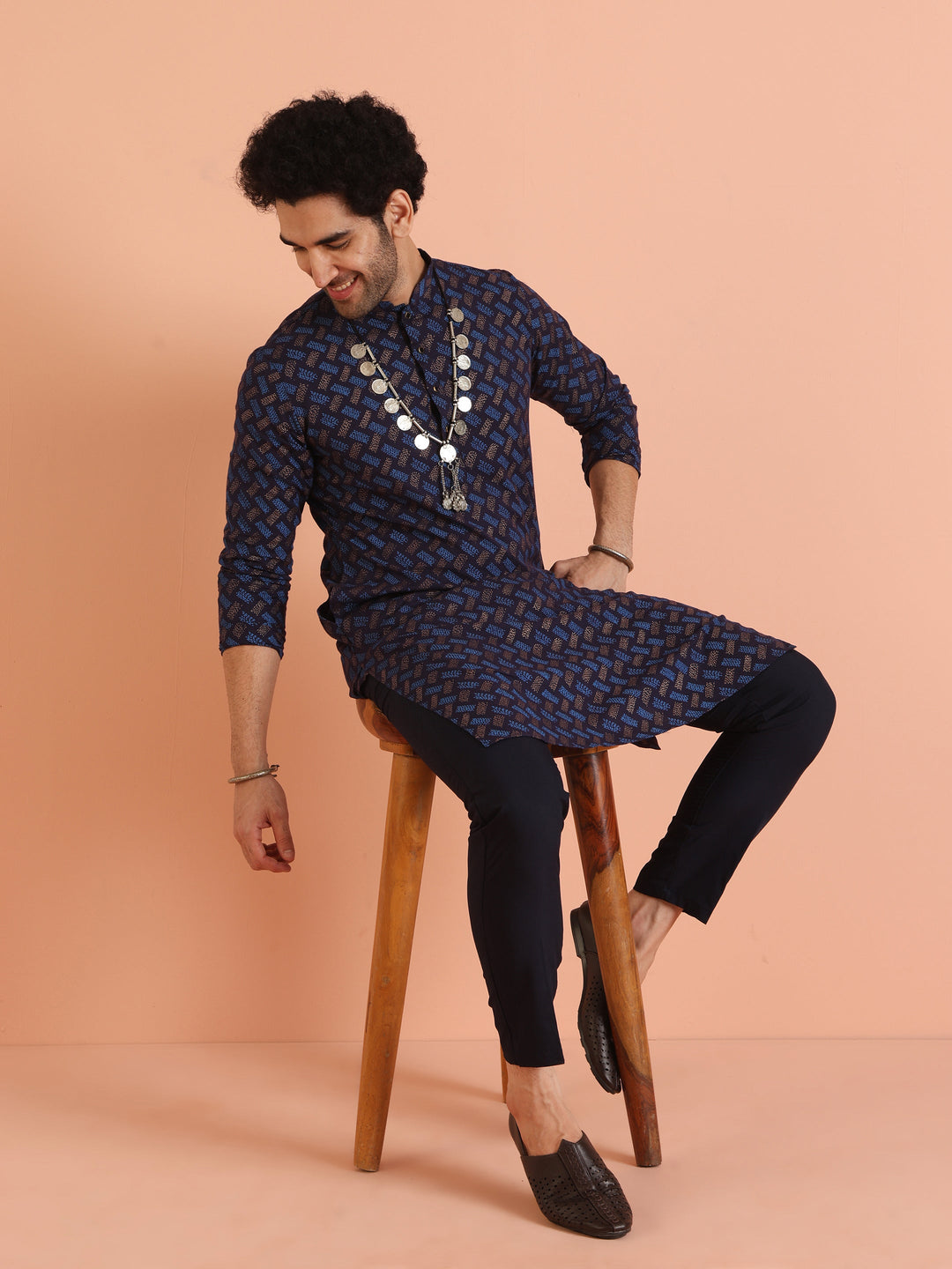 Blue Cotton Silk Printed Long Kurta | SHOBITAM