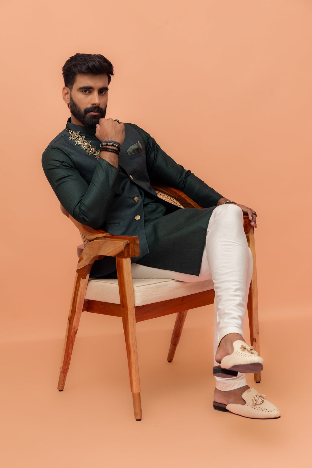 Men Green Solid Nehru Jacket | SHOBITAM