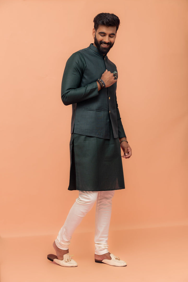 Men Green Solid Nehru Jacket | SHOBITAM