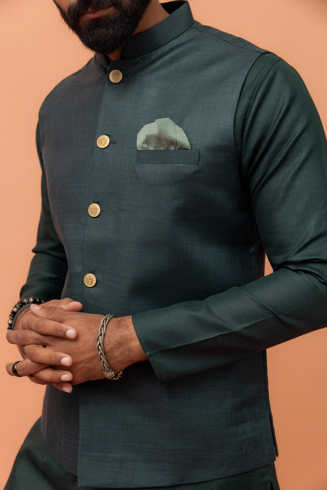 Men Green Solid Nehru Jacket | SHOBITAM