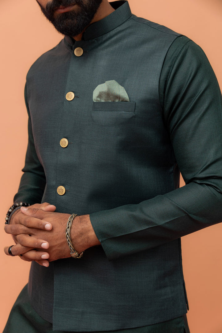 Men Green Solid Nehru Jacket | SHOBITAM