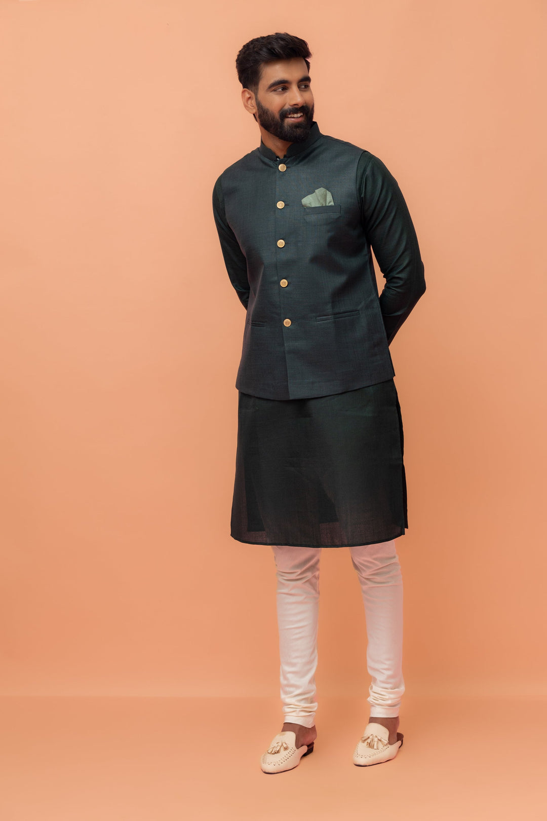 Men Green Solid Nehru Jacket | SHOBITAM