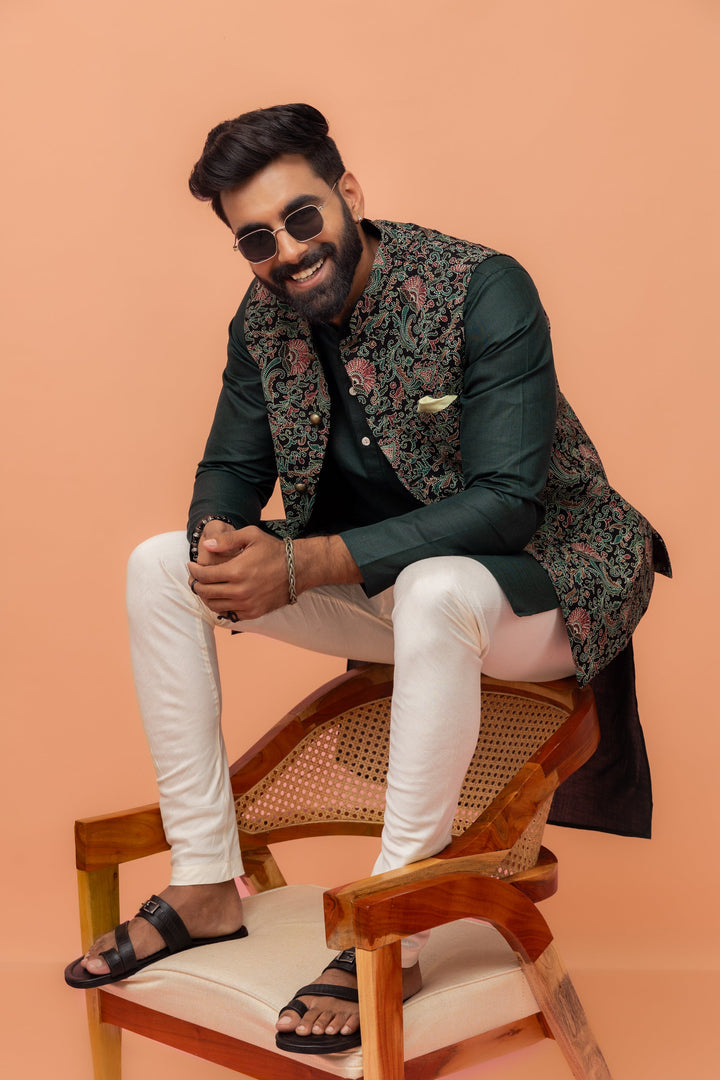 Black Multi-Color Printed Nehru Jacket | SHOBITAM